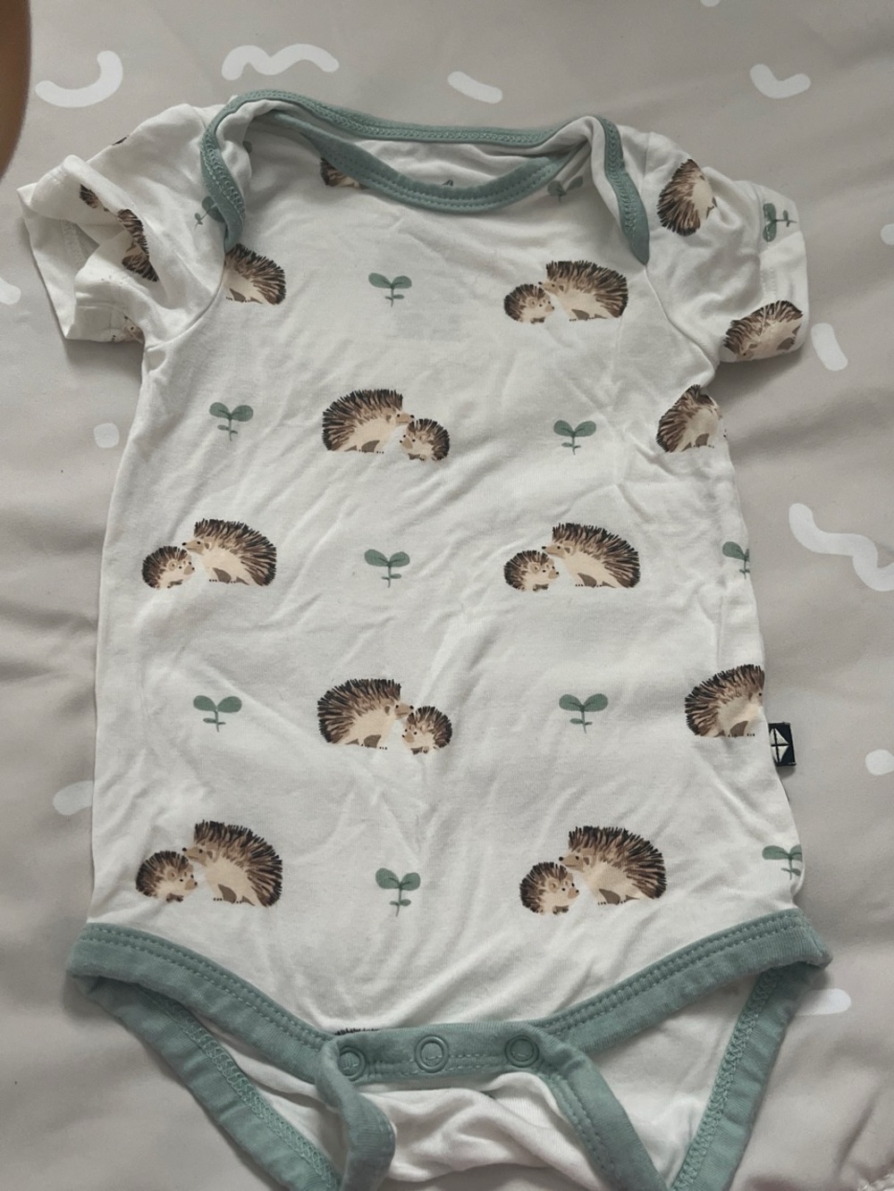 Kyte BABY White Bodysuit with Hedgehog Print and Sage Trim